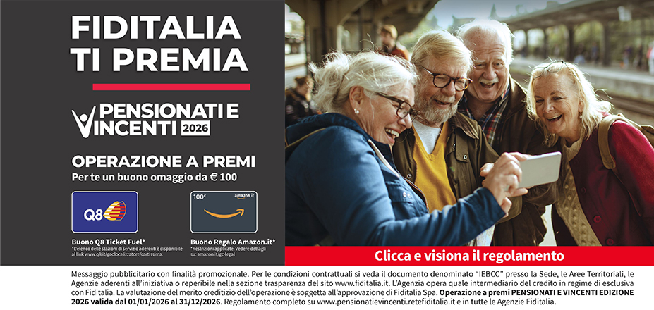 Agenzia Postica Silvia Fiditalia | Bologna, Casalecchio di Reno | Fiditalia ti premia - Vicni un omaggio da €100. Operazione a premi. Clicca e visiona il regolamento. Operazione a premi PENSIONATI E VINCENTI 2025 valida dal 01/01/2025 al 31/12/2025. Regolamento completo www.pensionatievincenti.retefiditalia.it